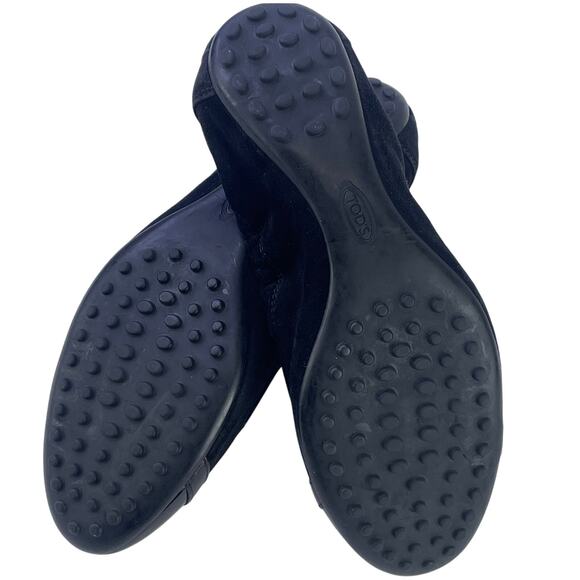 Tods Women Black Suede Ballet Flats Patent Leather Cap Toe Buckle Detail Sz 36.5 - Picture 7 of 13